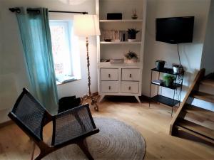 uma sala de estar com uma cadeira e uma televisão em Le Clos Du Perret em Chaussan