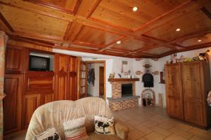 SoultzerenにあるChez Chantal et Danyの木製の天井と暖炉のあるリビングルーム