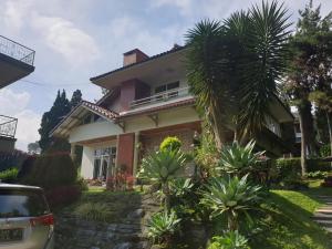 a house with a palm tree in front of it at Villa Bougenvile Lembang Asri in Lembang
