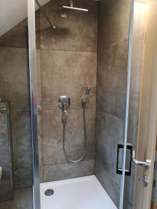 baño con ducha y puerta de cristal en Ferienwohnung "Deluxe" in Korbach, en Korbach