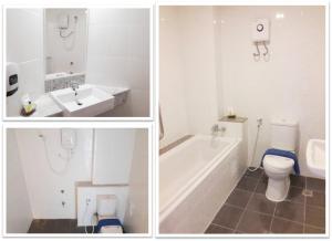 three pictures of a bathroom with a toilet and a sink at Like Residence in Suratthani