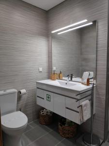 een badkamer met een wastafel, een toilet en een spiegel bij The Old Town House in Faro