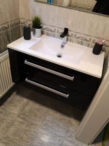 a bathroom with a white sink and a mirror at Ferienapartment "Vier Pfoten" in Korbach in Korbach