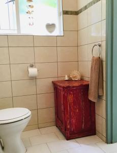 a bathroom with a toilet and a red wooden stump at Funky cottage in Hermanus