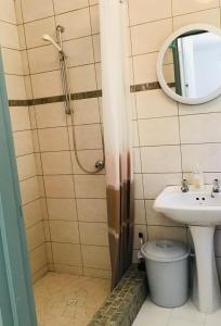 a bathroom with a sink and a toilet and a mirror at Funky cottage in Hermanus