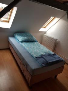 un letto in una camera con due lucernari di LMI Haus & Urlaub Monteurwohnungen 2 a Münsingen
