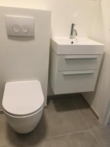 een badkamer met een wit toilet en een wastafel bij penthouse seafront in Oostende