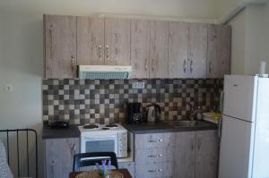 a kitchen with wooden cabinets and a white refrigerator at Sea Side Apartment in Palaiá Fókaia +14 photos