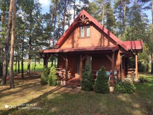 eine Blockhütte mit rotem Dach im Wald in der Unterkunft Sunny House in Anielin in Anielin