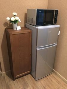 a microwave sitting on top of a refrigerator at Villa Magnolia in Oświęcim