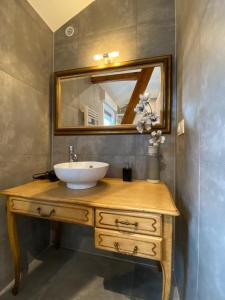 uma casa de banho com um lavatório e um espelho em Gîte Magnolia Châtenois ALSACE em Châtenois