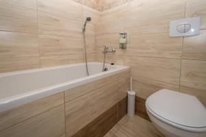 a bathroom with a toilet and a bath tub at Apartment Belveder Brno in Brno