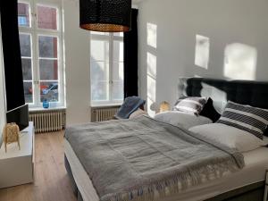 a bedroom with a large bed and two windows at Royal Residence in Lübeck