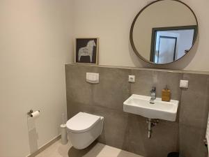 a bathroom with a toilet and a sink and a mirror at Royal Residence in Lübeck