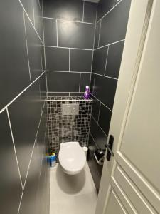 a bathroom with a toilet and a black tiled wall at # Le 7 # Nuitée torride, balnéo, tantra Mulhouse centre in Mulhouse +34 photos