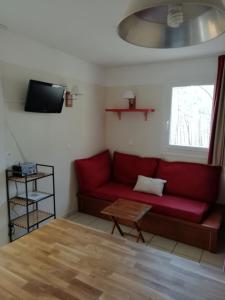 a living room with a red couch and a tv at LES GRANDS PINS in Carcans