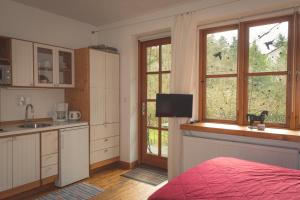 a kitchen with a bed and two windows in a room at Kastanienhof Alvern in Celle