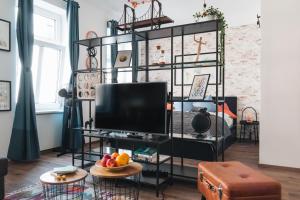 a living room with a television on a black shelf at Design Apartment with King Size Bed - Six Minutes to Opera in Vienna