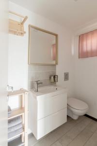 bagno con lavandino, servizi igienici e specchio di Garden living a Bled
