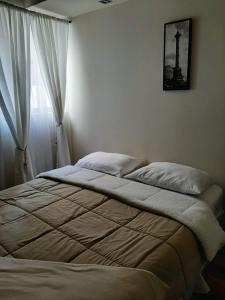 1 cama en un dormitorio con ventana en Hostal Los Castaños, en Viña del Mar