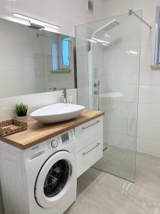 La salle de bains est pourvue d'un lave-linge et d'un lavabo. dans l'établissement Apartament Szosa Chełmińska, à Toruń