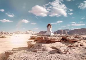 a bride sitting on a rock in the desert at Wadi Rum in Wadi Rum