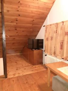un salon avec une télévision et un plafond en bois dans l'établissement Apartmán Schovánek, à Harrachov