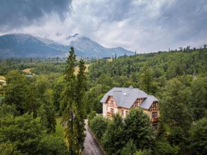 an aerial view of a house in the trees at Villa Meribel in Vysoke Tatry - Tatranska Lomnica.