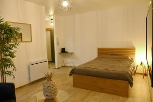 1 dormitorio con 1 cama y 1 mesa en Appartement Tropical et JACUZZI Balnéothérapie Draveil, en Draveil