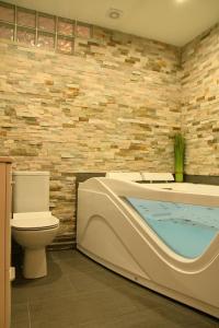 a bathroom with a toilet and a bath tub at Appartement Tropical et JACUZZI Balnéothérapie Draveil in Draveil +7 photos