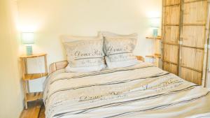 a bed with four pillows on top of it at Appartement Cosy sur Port de Plaisance in Capbreton