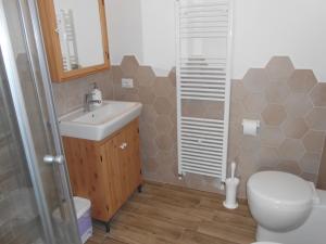 a bathroom with a toilet and a sink and a shower at Agriturismo Amargi in Smerillo