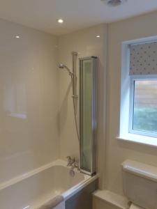 格拉斯顿伯里The Woodshed - A newly built, 2 bedroom, cottage near Glastonbury的带浴缸、马桶和窗户的浴室