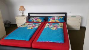 a bedroom with two beds with blue and red sheets at Ferienwohnung Dorothea in Lenzkirch