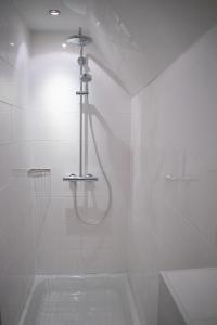 een badkamer met een douche, een wastafel en een bad bij Jantjes lief appartement in Zwolle