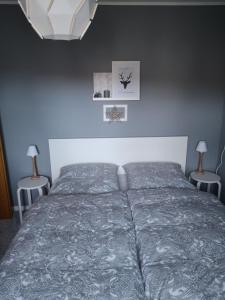 ein Bett in einem Schlafzimmer mit zwei Tischen und zwei Lampen in der Unterkunft Ferienwohnung Schreckenbach in Sankt Egidien