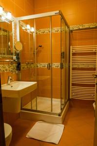 a bathroom with a shower and a sink at Hotel Rokoko in Košice +27 photos