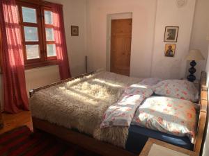 um quarto com uma cama com almofadas e uma janela em Das Landhaus em Bachevo