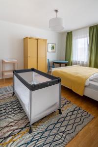 a hotel room with a bed and a rug at Ferienwohnung Hochgefühl in Hohegeiß