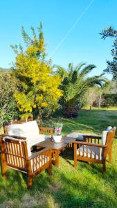 two wooden benches and a table in the grass at BAREFOOT COTTAGE in Skiathos Town