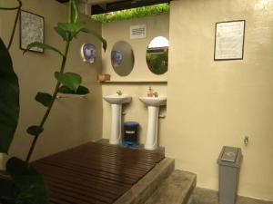 a bathroom with two sinks and a potted plant at Moonriver Lodge in Cameron Highlands