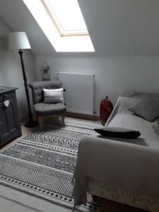 a bedroom with a bed and a chair and a skylight at Maison bois in Germigny-des-Prés