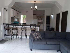 Morne Jaloux Ridge的住宿－Candy Haven，一间带蓝色沙发的客厅和一间厨房