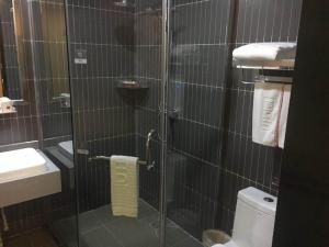 a bathroom with a shower with a toilet and a sink at Thank Inn Chain Hotel sichuan guang'an yuechi rongxinyue city in Guang'an