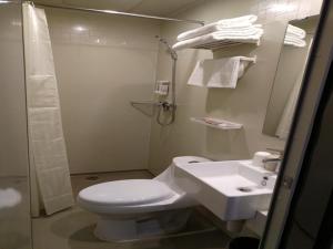 南昌市にあるThank Inn Chain Hotel jiangxi nanchang wanli district zhaoxian roadの白いトイレと洗面台のあるバスルーム