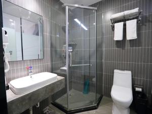 a bathroom with a toilet and a sink and a shower at Thank Inn Chain Hotel Xiangyang east railway station in hubei province in Xiangyang