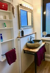 uma casa de banho com um lavatório e um espelho em Ferienwohnung Gute Zeit Hahnenklee em Hahnenklee-Bockswiese