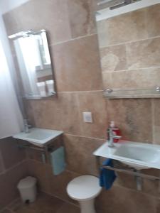 bagno con lavandino, servizi igienici e specchio di l'ecrin bleu a Les Issambres