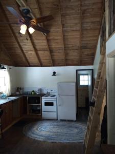 eine Küche mit einem Deckenventilator und einem weißen Kühlschrank in der Unterkunft Dwight Riverside Inn in Dwight
