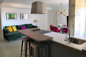 a kitchen and living room with a sink and a couch at La Parada de Santo Domingo in Zaragoza